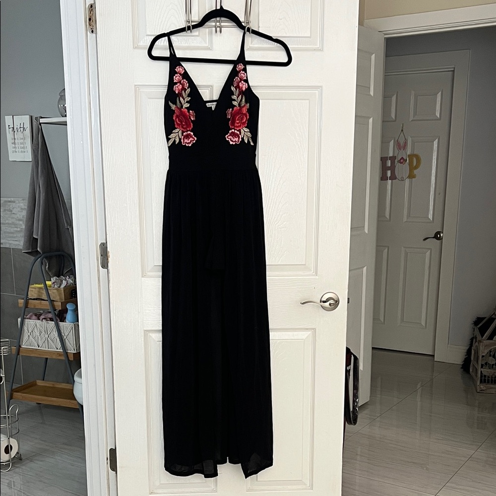 Charlotte Russe Black Maxi Dress with Red Floral Embroidery